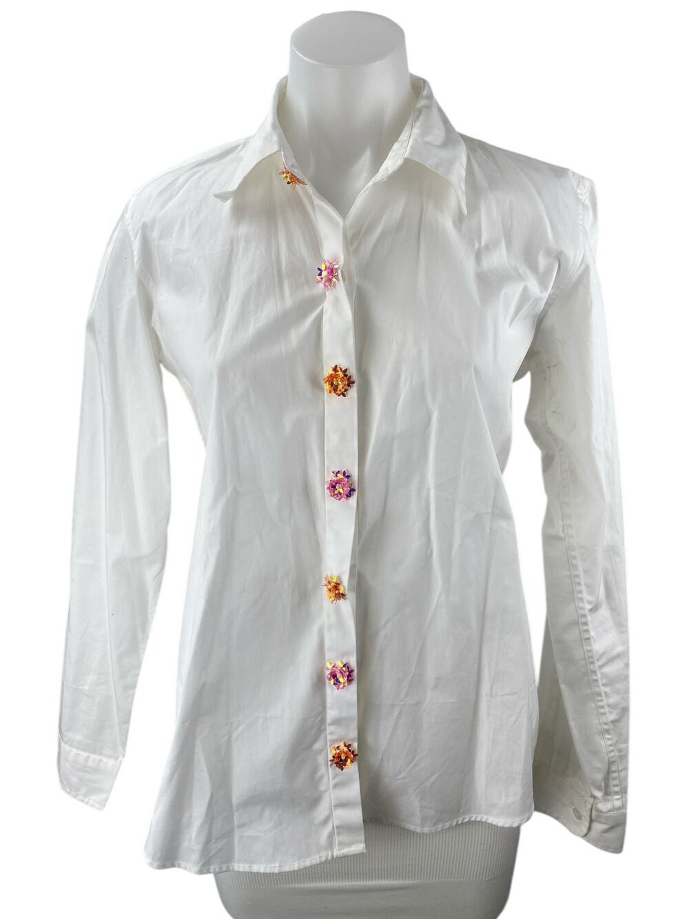 Sarto White Beaded Button Down Heart CutOut Long Sleeve Shirt Blouse Top Size S - Picture 1 of 7